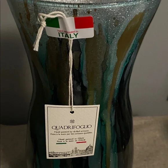 Large Glass Vase Teal Silver Black Quadrifoglio Multicolor Italy NWT - Picture 2 of 3
